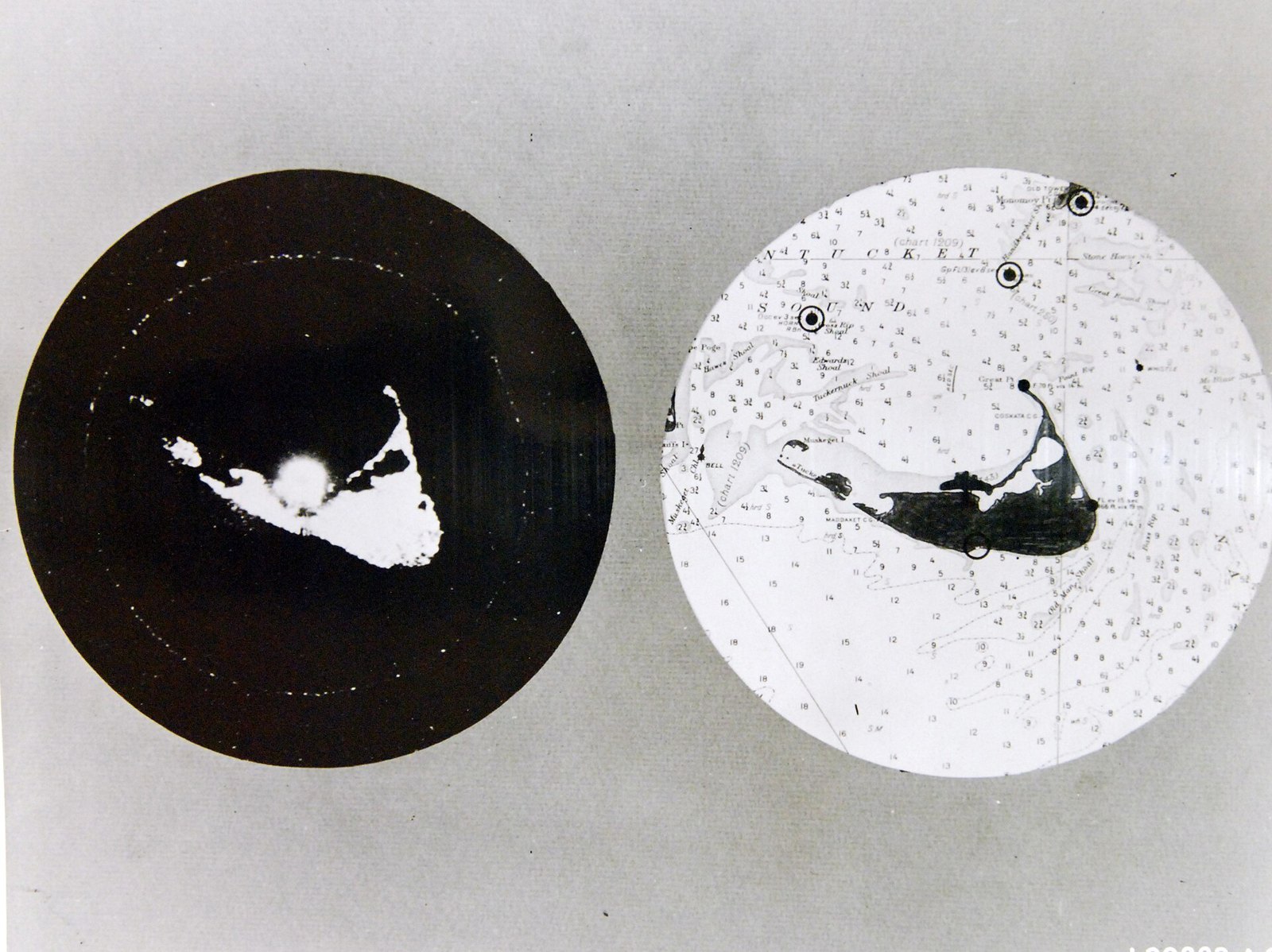 WWII comparison of aerial radar scope photograph of Nantucket with actual chart of island (38628763390)