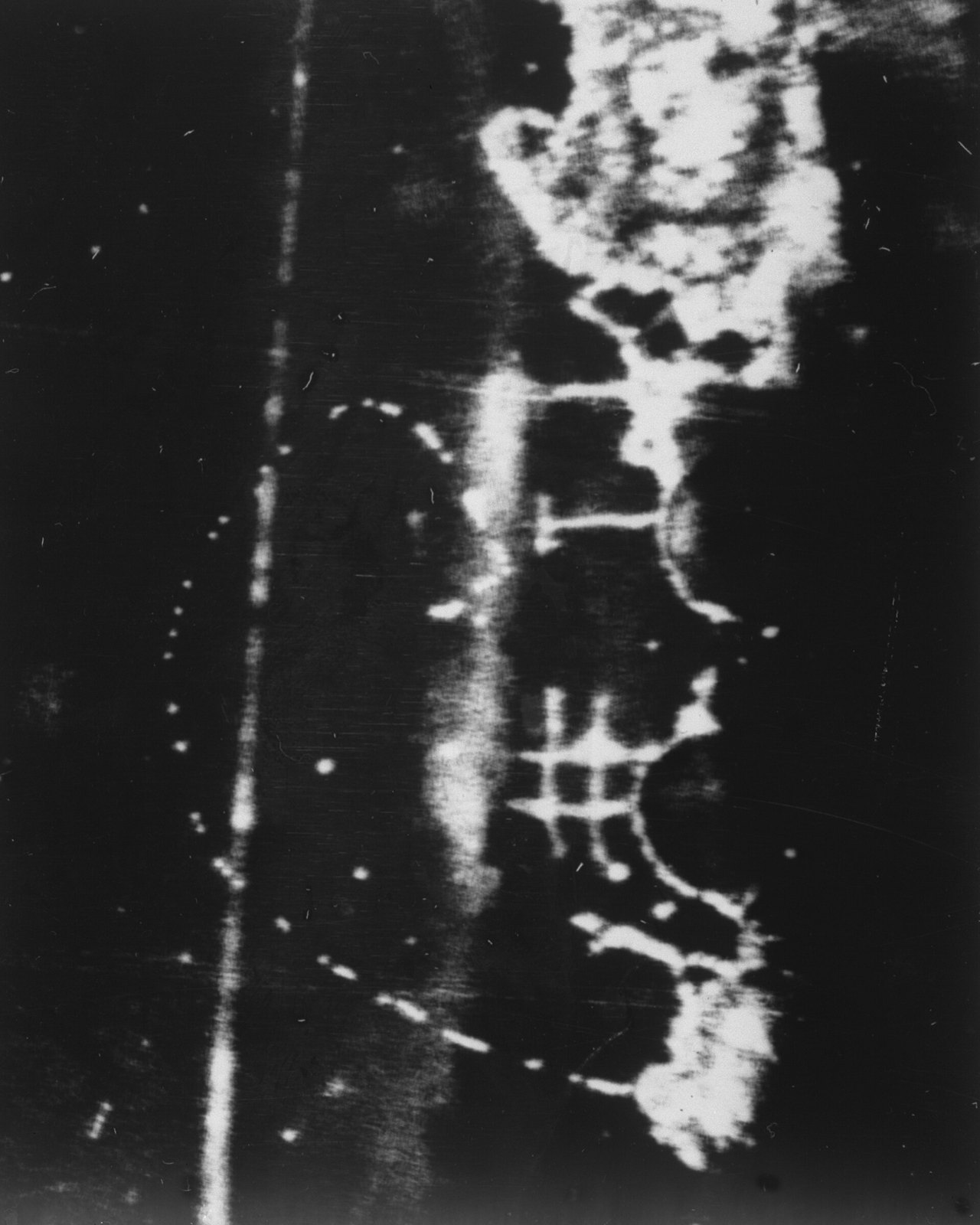 First track in deuterium. Photograph taken October 1955. Bubble Chamber-46 - DPLA - d553c1730076c531c844c8e5e1de1e6c